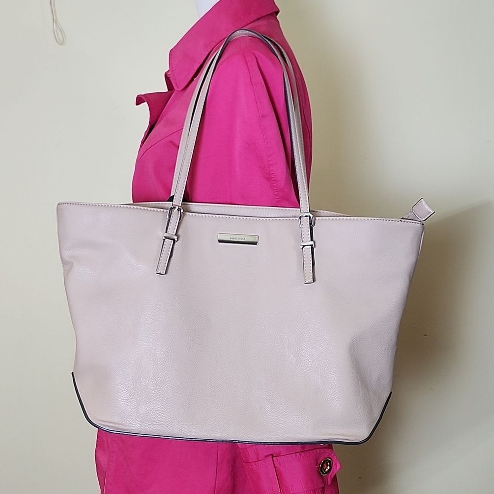 Nine West Faux Leather Beige Minimalist Large Shoulder Handbag, Zipper Closure